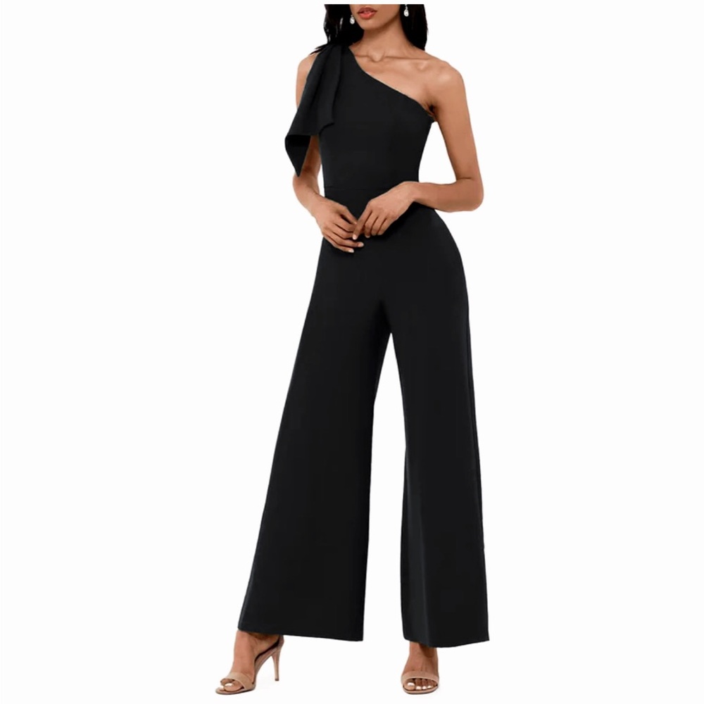 One shoulder Black Jumpsuit by Betsy & Adam. Black tie